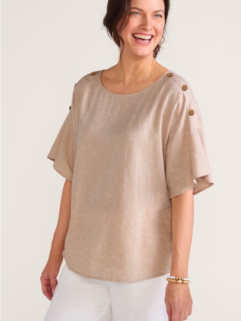 Soft Surroundings Andrea Linen-Blend Pullover Top Sz 1X Beige Coastal Beach